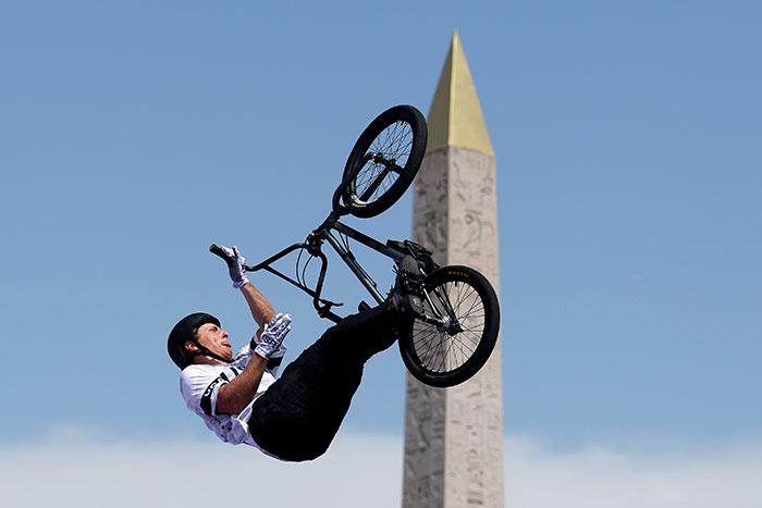 USA’s Marcus Christopher Seems To Be Climbing The Luxor Obelisk On His Bike During The BMX Freestyle Men’s Park Final
