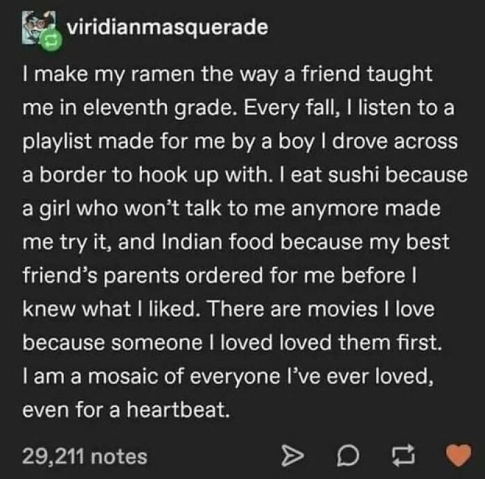 Text post reflecting on how personal tastes in food and movies are shaped by past relationships, highlighting wholesome connections.