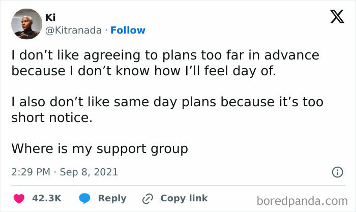 Tweet discussing struggles with planning ahead or last-minute plans, shared in wholesome memes and posts collection.