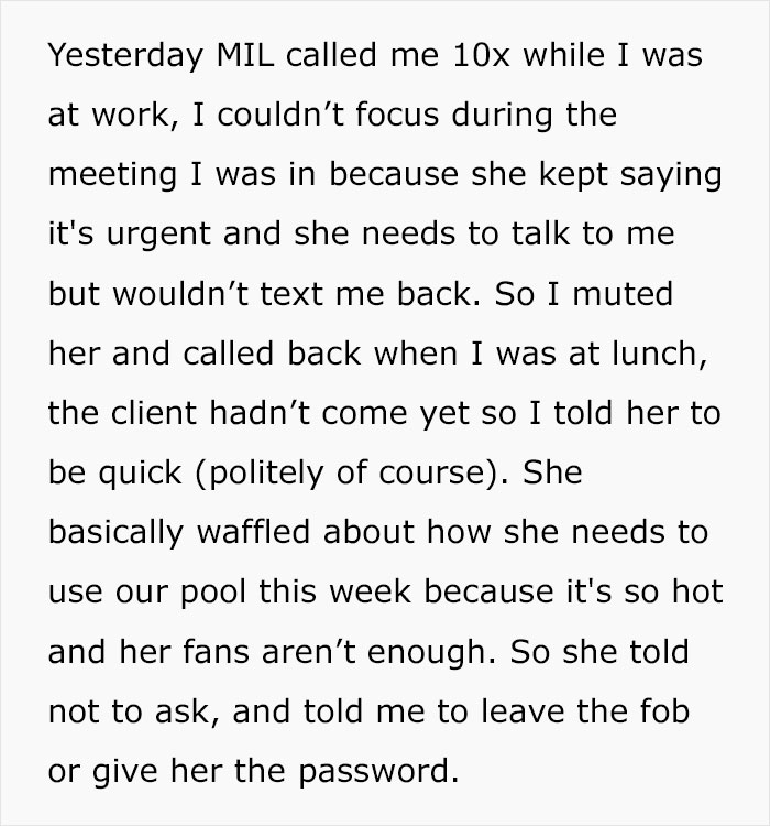 &ldquo;MIL Who Admitted She Hasn&rsquo;t Showered In Weeks Is Upset I Won&rsquo;t Let Her Use Our Pool&rdquo;