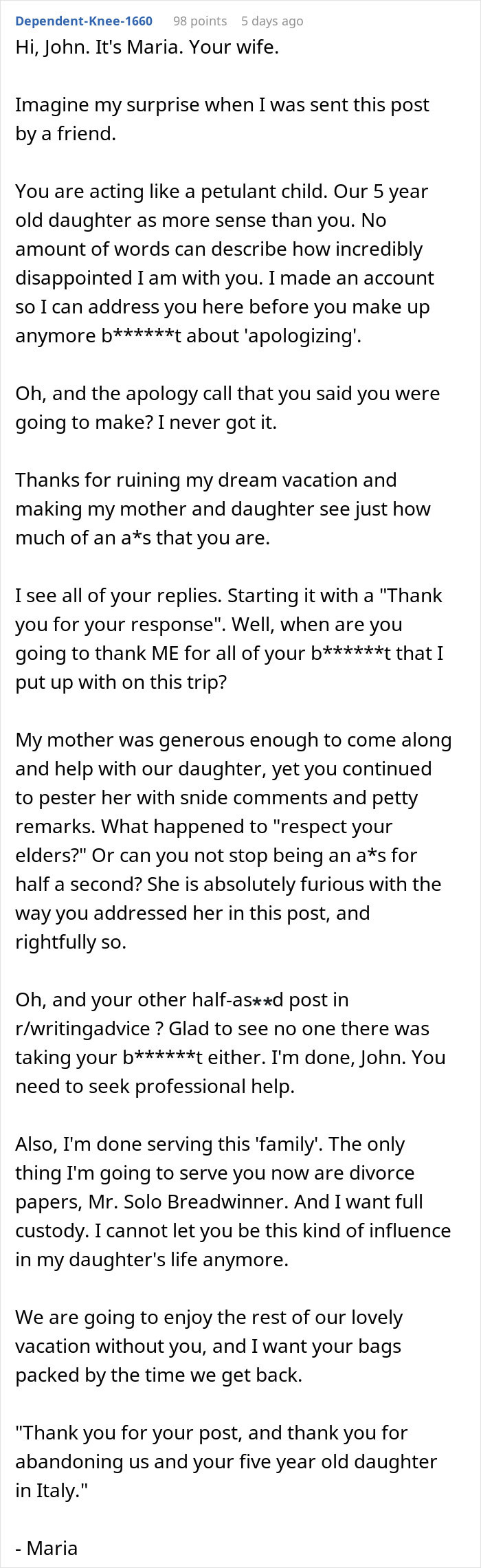 Man Is Served Divorce Papers After He Flew Back Home, Leaving Wife And Kid On Holiday Abroad