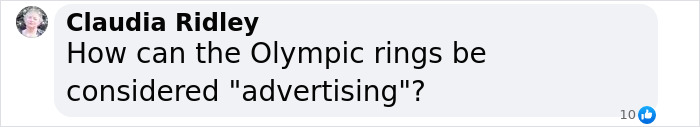 Comment questioning Olympic rings as advertising in a discussion on Paris Paralympics tattoo ruling.