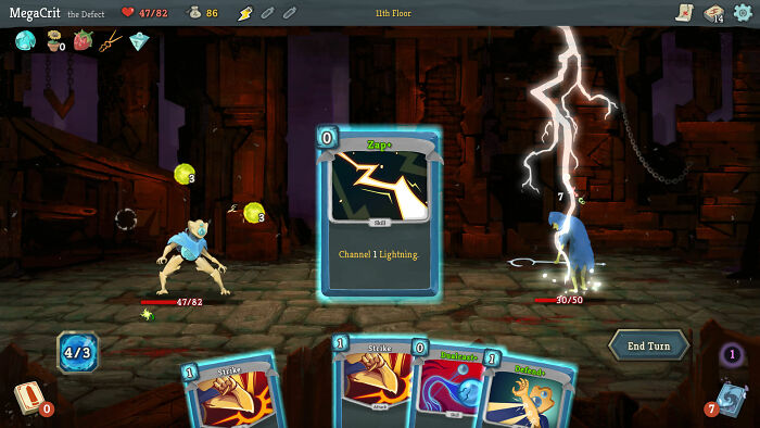 Gameplay screenshot showing turn-based card battle with lightning attack in popular all-time favorite game played daily by gamers.