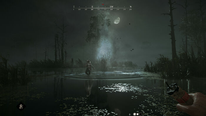 Dark swamp gaming scene at night with character in water and player holding a flare, highlighting all-time favorite games.