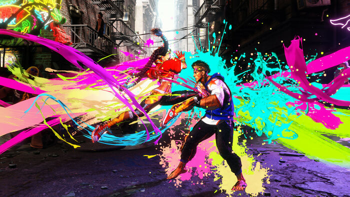 Two colorful characters fighting in an urban setting with vibrant paint splashes, illustrating popular all-time favorite games.