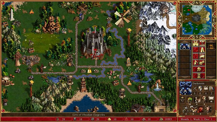 Screenshot of a classic strategy game showing a detailed fantasy map with castles, mountains, and resource icons.