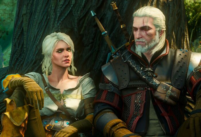 Characters Geralt and Ciri from a popular RPG game, illustrating all-time favorite games gamers could play daily.
