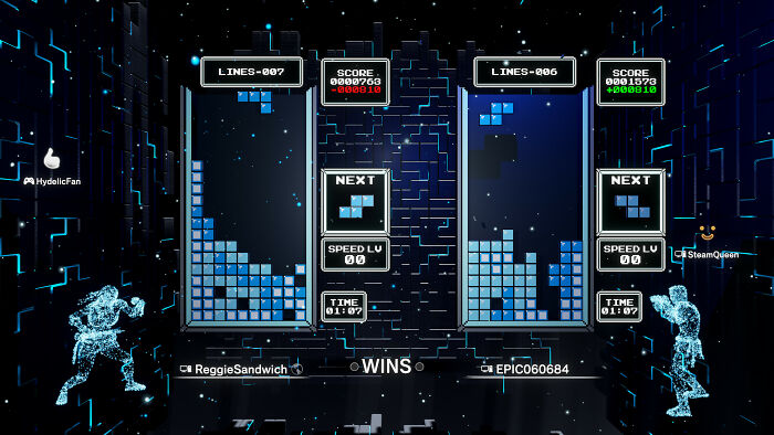 Multiplayer Tetris gameplay screen showing scores and players in a digital game environment for favorite all-time games.