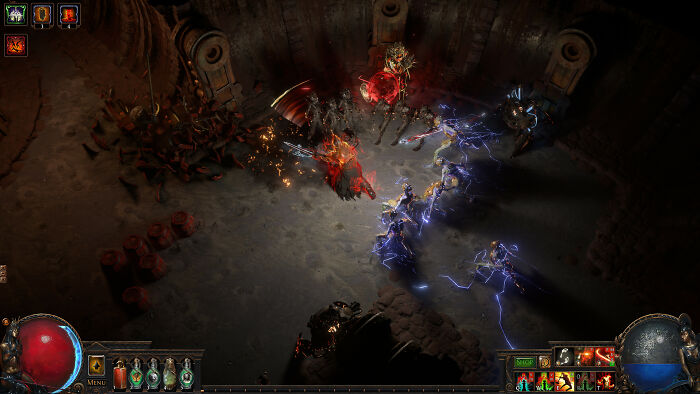 Gameplay scene from a popular action RPG showing intense combat with spells and summoned creatures, illustrating top favorite games.