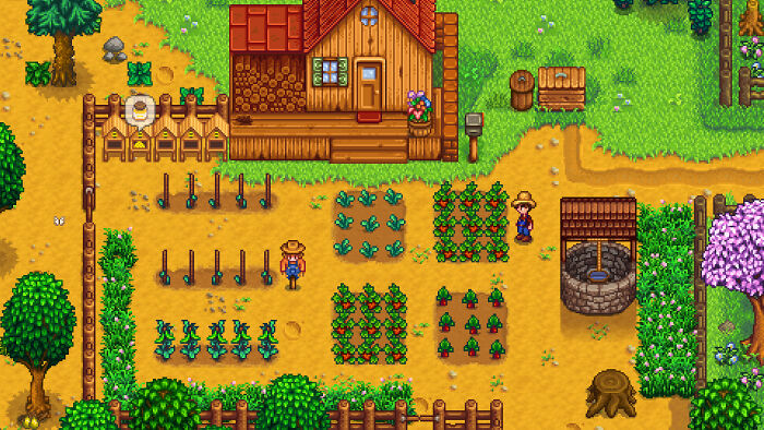 Top-down pixel art farm scene from a popular game shared by gamers as their all-time favorite to play daily.