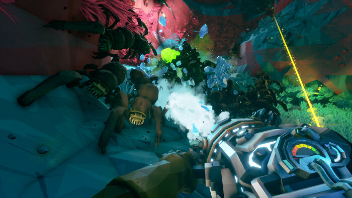 First-person shooter gameplay battling large spider-like creatures in a vibrant, stylized video game environment.