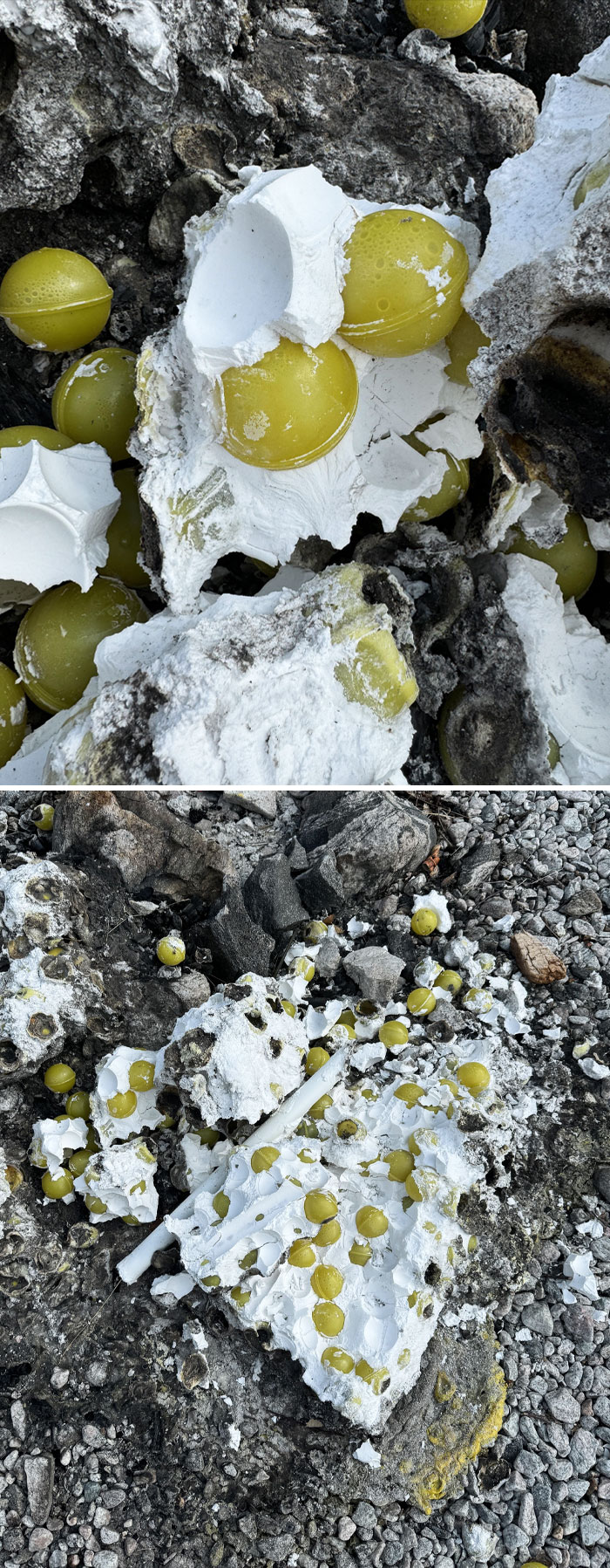 Yellow Plastic Balls (Forbidden Eggs) In A White Plaster-Like Material Found In A Middle Of Nowhere At Norwegian Fjord. It Looks Like Someone Tried To Burn Them