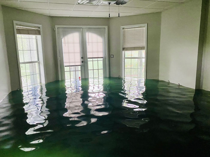 Flooded room with green-tinted water reflecting windows, showcasing nature's force in an indoor setting.