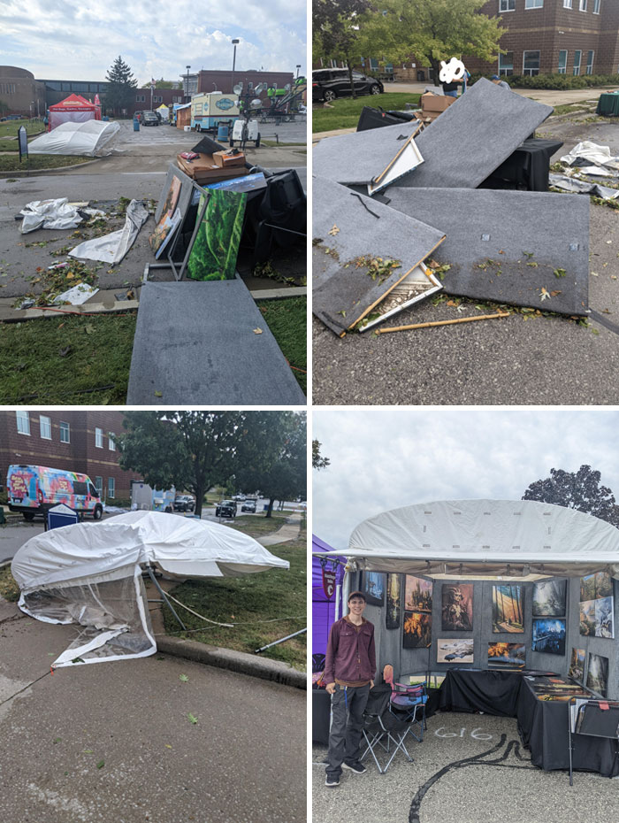 Outdoor art booth damaged by wind with fallen canvases and broken tent, showcasing nature's wild impact and disruption.