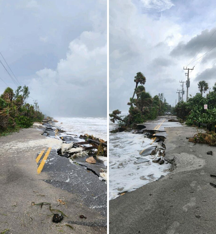 Coastal road damaged by storm surge and waves showing powerful forces of mother nature on its own terms.