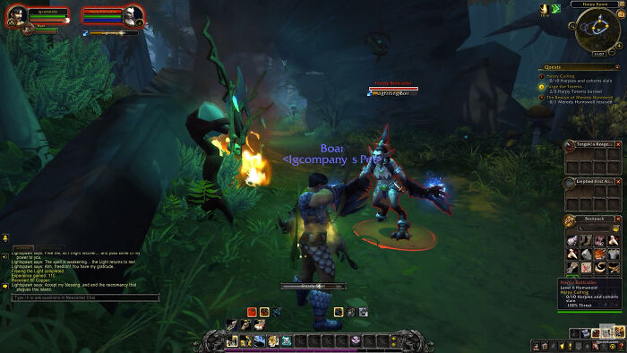 Screenshot of a fantasy MMORPG gameplay showing characters fighting a monster in a dark forest environment, popular game choice.