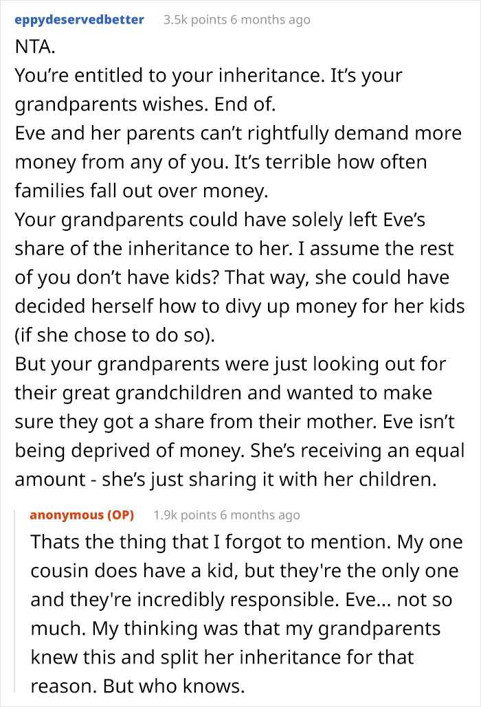 Woman Feels Entitled To Family’s Life-Changing Inheritance Just Because She Has 5 Kids, Gets A Reality Check Woman Feels Entitled To Family’s Life-Changing Inheritance Just Because She Has 5 Kids, Gets A Reality Check