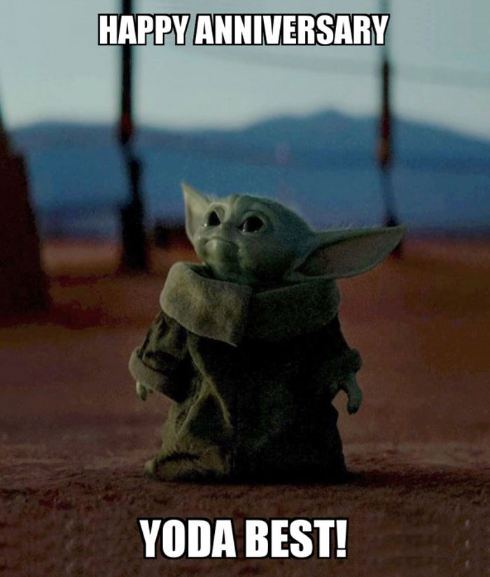 Baby Yoda work anniversary meme with "Yoda Best" pun celebrating in a playful way.