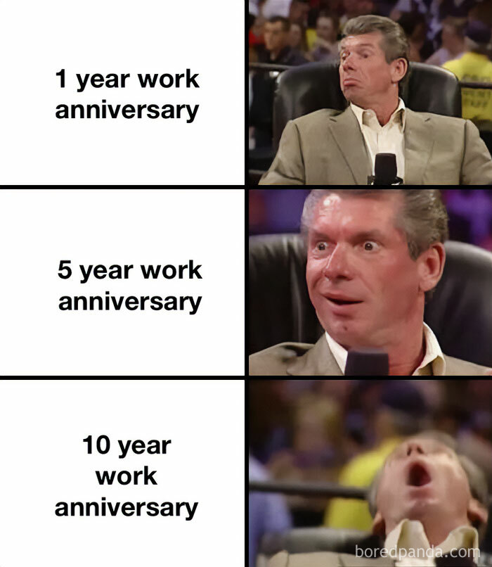 Work anniversary meme with three panels, showing increasing excitement from 1 to 10 years.