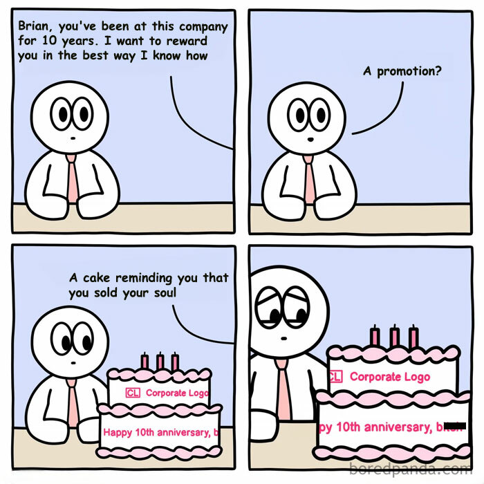 Work anniversary meme comic of a boss gifting a cake instead of a promotion after 10 years.