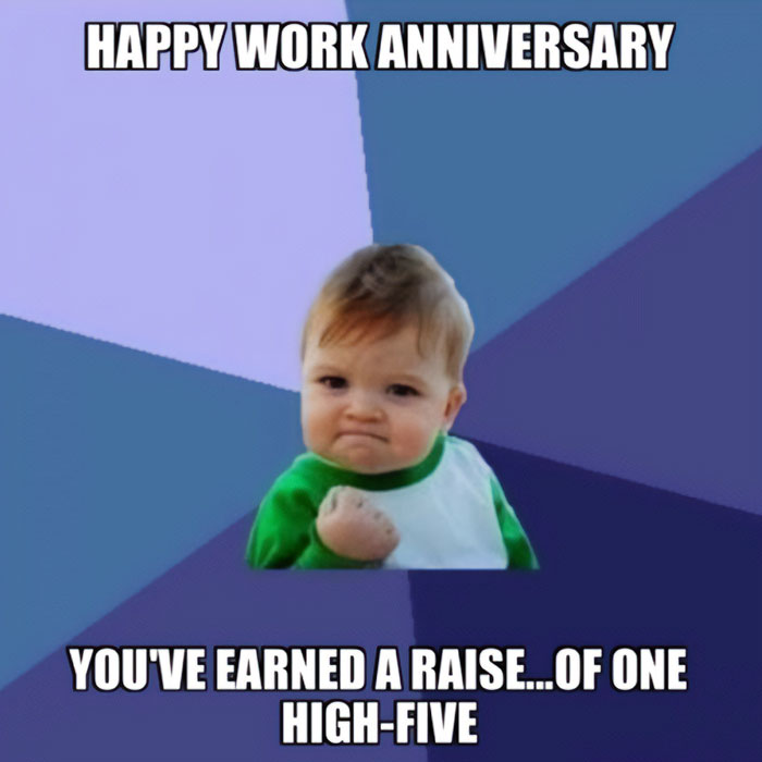 Success Kid work anniversary meme: determined child offers a symbolic "raise" with a clenched fist in blue and purple background.