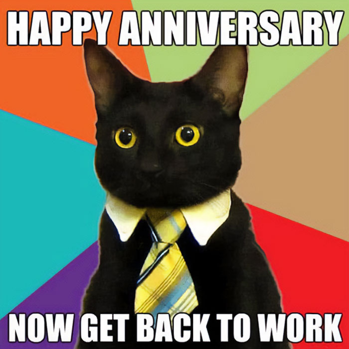 Black cat in a yellow tie on colorful background: "Happy Anniversary, now get back to work." Work anniversary meme.