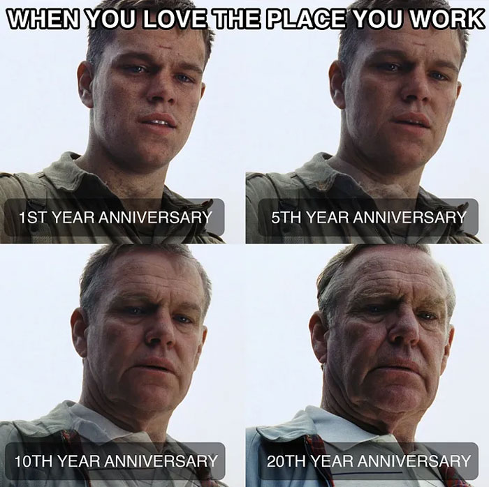 Aging man over work anniversaries in meme; humorous take on time's toll at the same job.