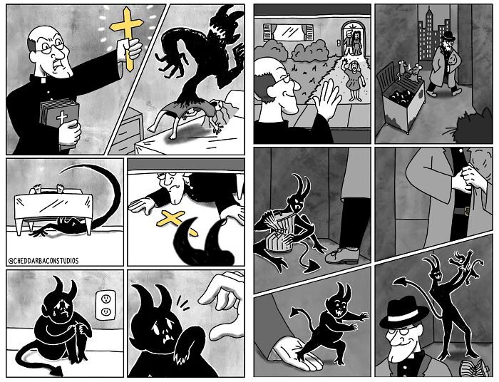 Cheddar Bacon Studios comic panels featuring a humorous demon encounter and a man feeding birds in a city setting.