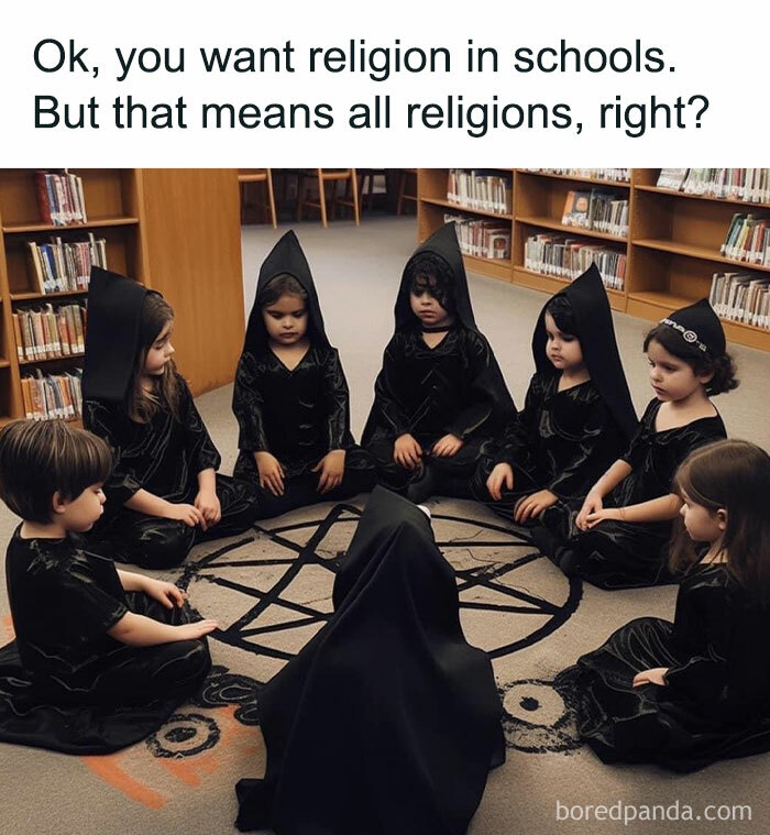 Children in black robes sitting in a circle with a pentagram, a meme parodying religion in schools, from memes that make fun of everything.