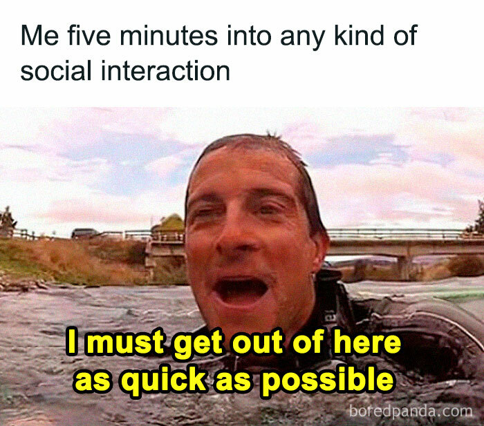 Man struggling in water with caption about escaping social interaction quickly, a relatable meme from popular meme collections.