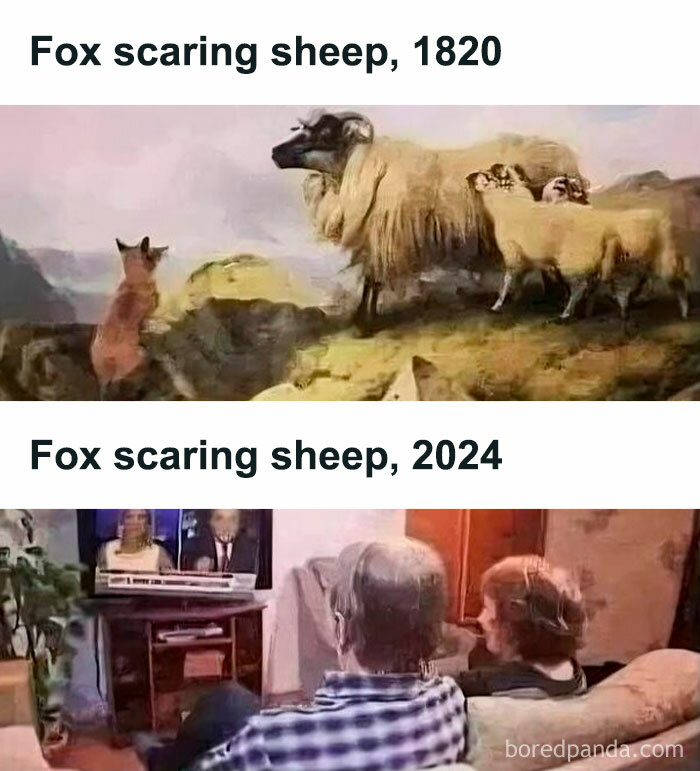 Fox depicted scaring sheep in 1820 painting contrasted with a modern humorous meme of people watching TV scare sheep.