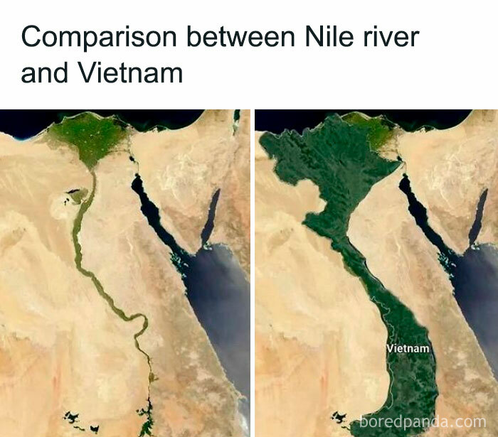 Side-by-side satellite comparison of Nile river and Vietnam shapes illustrating interesting facts about the world maps.