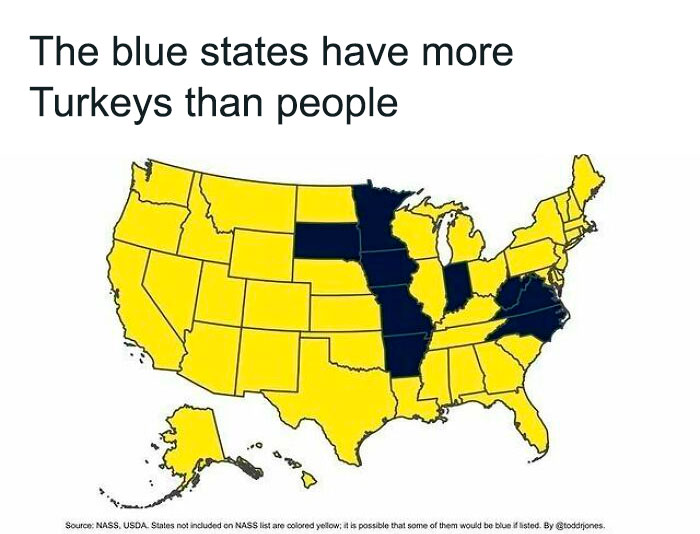 Map of the United States highlighting blue states with more turkeys than people, representing interesting world facts in maps.