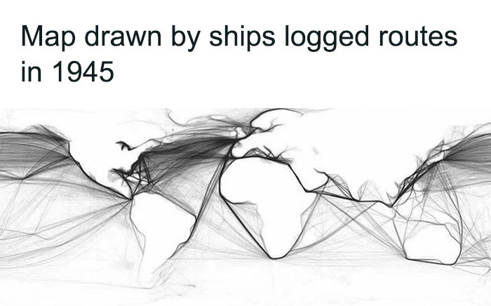 Map showing global ship routes logged in 1945, illustrating interesting facts about the world with unconventional maps.
