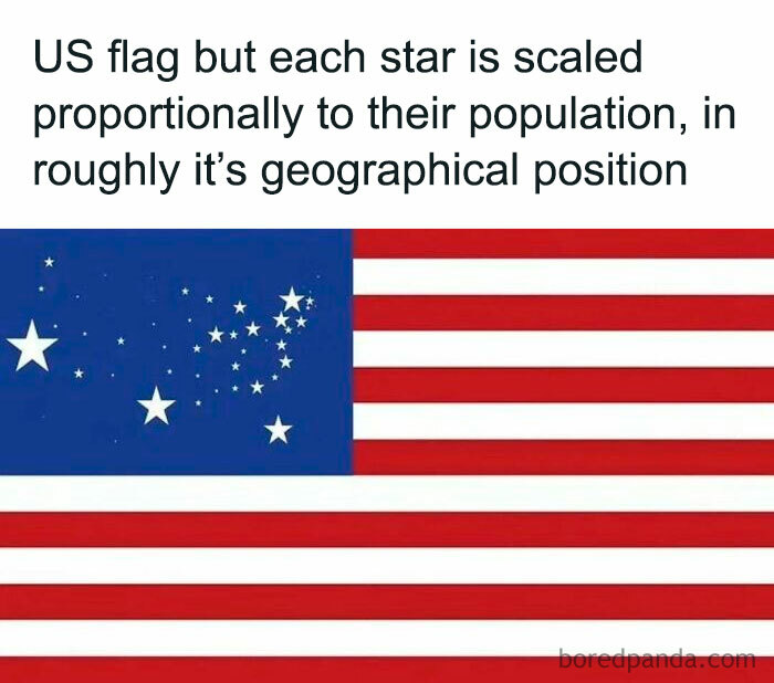 US flag with stars scaled by state population and positioned roughly by geographical location in unconventional maps.