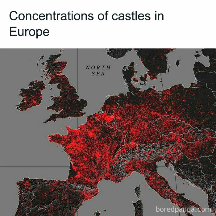 Map showing concentrations of castles in Europe highlighted in red on an unconventional map of world facts.