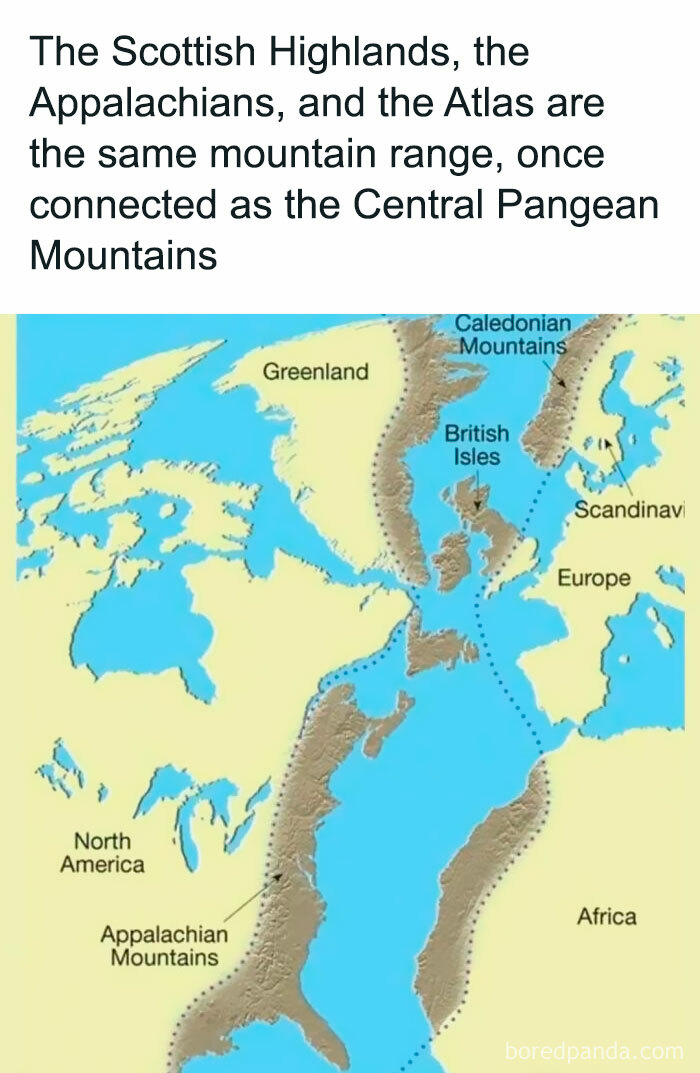 Map showing the connection of Scottish Highlands, Appalachians, and Atlas as part of the same mountain range in unconventional maps.