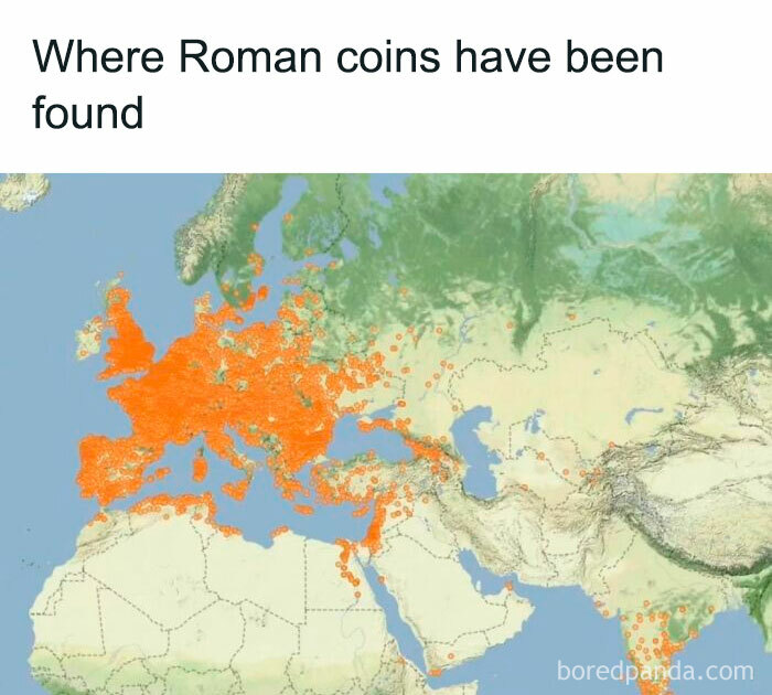 Map showing locations where Roman coins have been found, highlighting interesting facts about the world in unconventional maps.