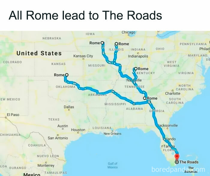 Map showing multiple routes from different Romes in the US converging at The Roads, illustrating interesting world facts with unconventional maps.