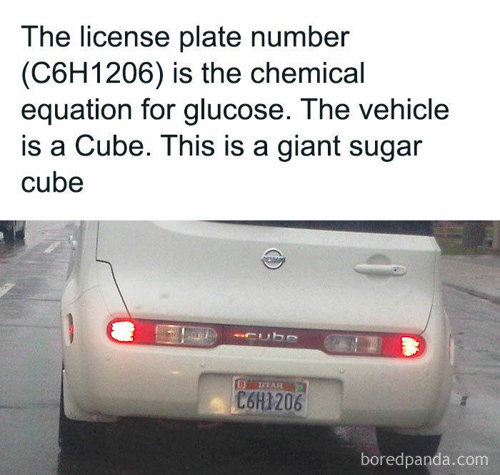 White Nissan Cube car with license plate C6H1206 referencing the chemical formula for glucose in a science meme.