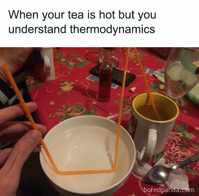 Science meme showing a person using straws in a cup and bowl to cool tea, illustrating thermodynamics humor.