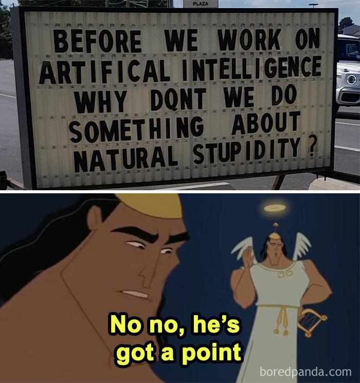 Funny science meme sign questioning natural stupidity before artificial intelligence with cartoon character agreeing.