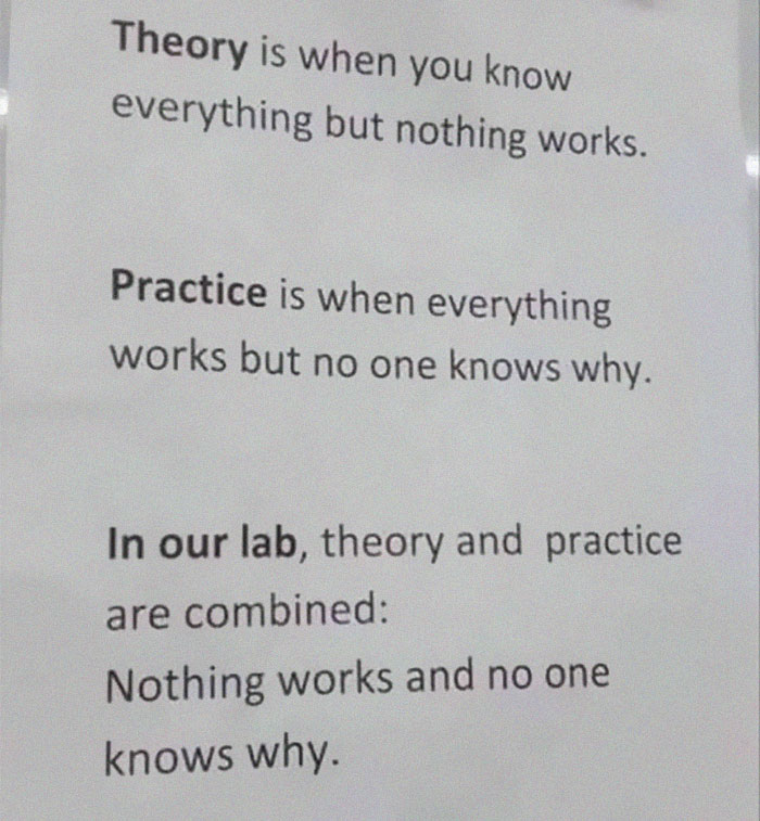 Humorous science meme explaining the difference between theory, practice, and lab results with a funny twist.