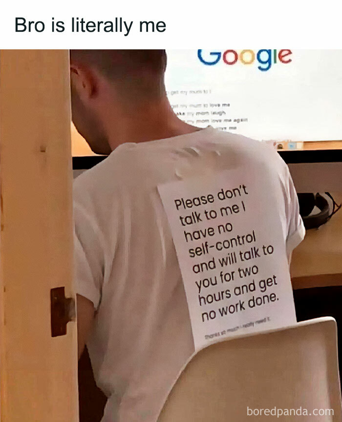 Person at desk with a note on their back saying, "Please don't talk to me I have no self-control." Funny memes for a laugh.
