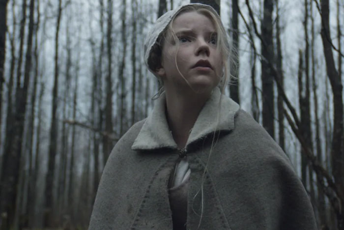 A scene from the movie The Witch featuring a young woman in period clothing, including a bonnet and a gray woolen cloak, standing in a gloomy, leafless forest. She gazes upward with a tense, fearful expression as if sensing danger around her. The barren trees and muted tones of the setting create an eerie, unsettling atmosphere. A scene from the movie The Witch featuring a young woman in period clothing, including a bonnet and a gray woolen cloak, standing in a gloomy, leafless forest. She gazes upward with a tense, fearful expression as if sensing danger around her. The barren trees and muted tones of the setting create an eerie, unsettling atmosphere.