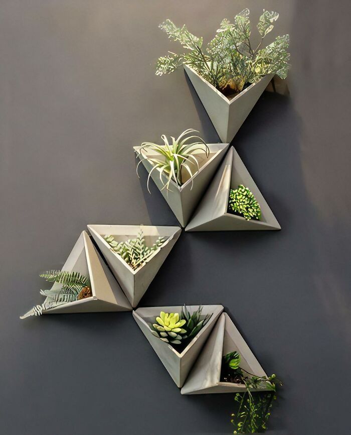 Geometric wooden wall planters with various small plants, showcasing creative woodworking projects and home decor ideas.