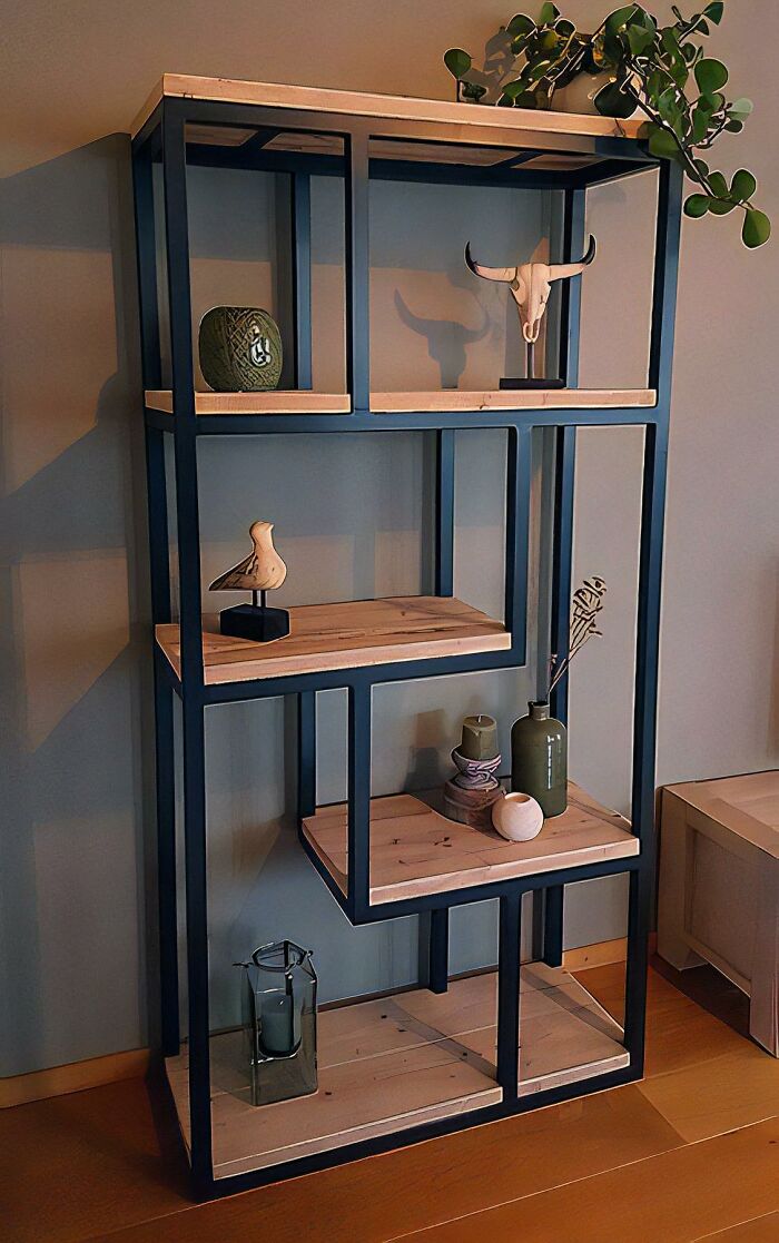Modern wooden shelving unit with decorative items, highlighting creative woodworker projects and craftsmanship skills.