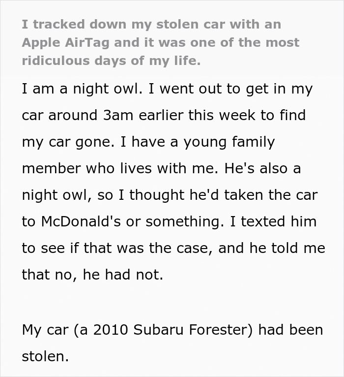 &ldquo;Tracked Down My Stolen Car With An AirTag And It Was One Of The Most Ridiculous Days Of My Life&rdquo;