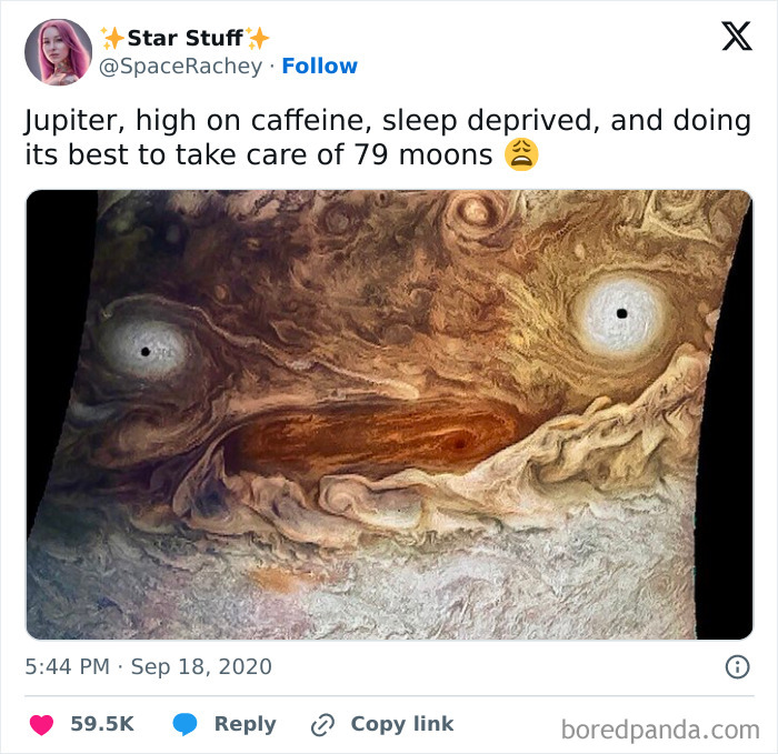 Close-up of Jupiter’s surface with storm patterns resembling a tired face, featured in hilarious science memes collection.