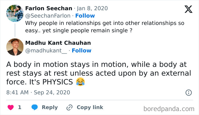 Tweet discussing Newton’s first law of motion with a humorous take, featured in science memes collection.